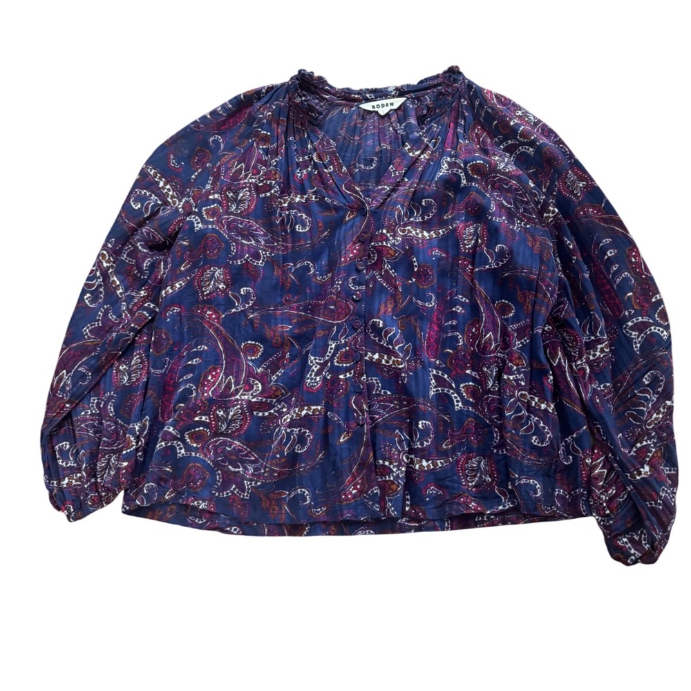 Boden Paisley Print Long Sleeve Blouse Purple Women's 6 Boho Chic Office Vibrant